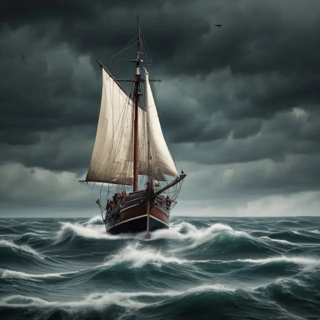 A sailboat with gold coins and Swiss francs as anchor, navigating through turbulent waters symbolizing high inflation