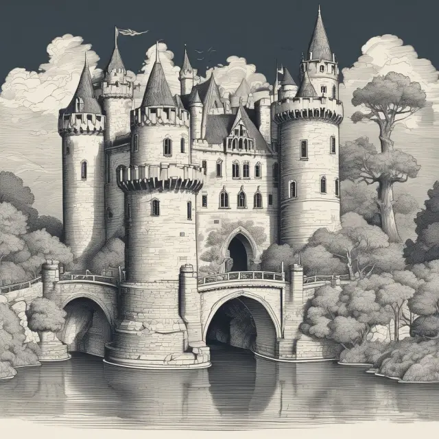 Castle with drawbridge and moat depicting a company