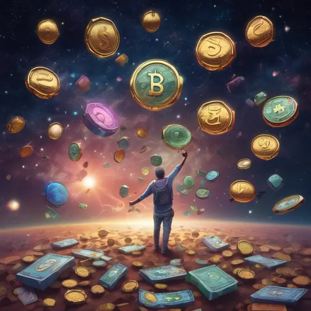 Coins representing cash, credit, and advance payments floating amongst stars in the cosmos, symbolizing various ways to pay for transactions