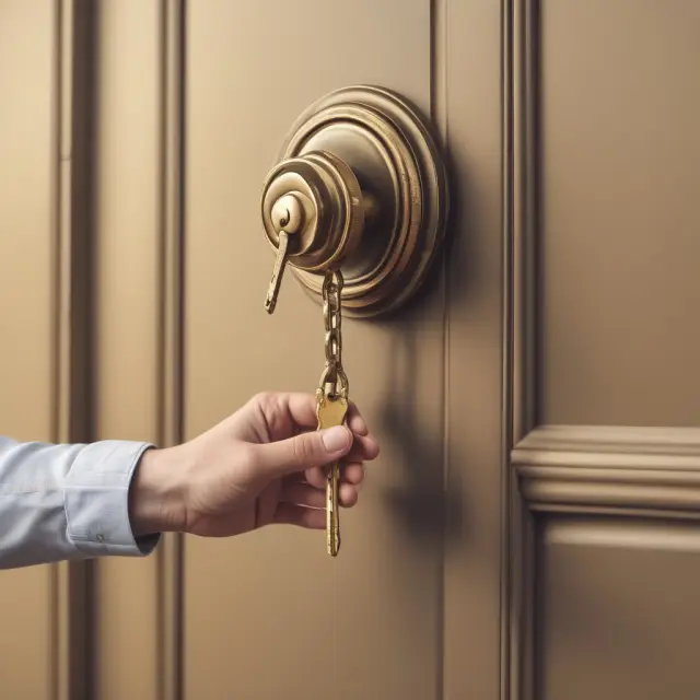 Golden key in hand exchanging houses with multiple shaking hands - representing the sale process from initial contact to final exchange