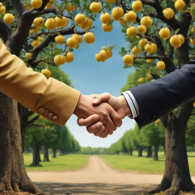 Two individuals shaking hands under a tree laden with gold apples, signifying the completion of a valid and agreed sale.