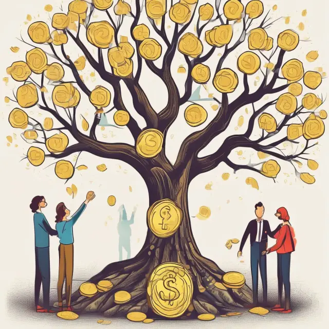 A golden coin representing sales being exchanged under the shelter of a question mark tree, symbolizing the clarification of FAQs related to sales transactions