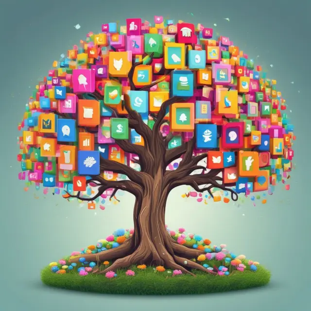 A digital tree adorned with sales leads growing from branches shaped like social media platforms, content marketing, email campaigns, SEO tactics, and paid advertising
