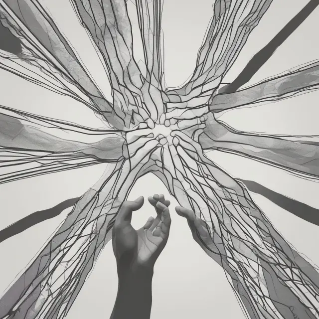 A scenic bridge constructed from the outstretched hands of diverse individuals signifying community engagement and high-value sales leads generated through socially responsible initiatives.