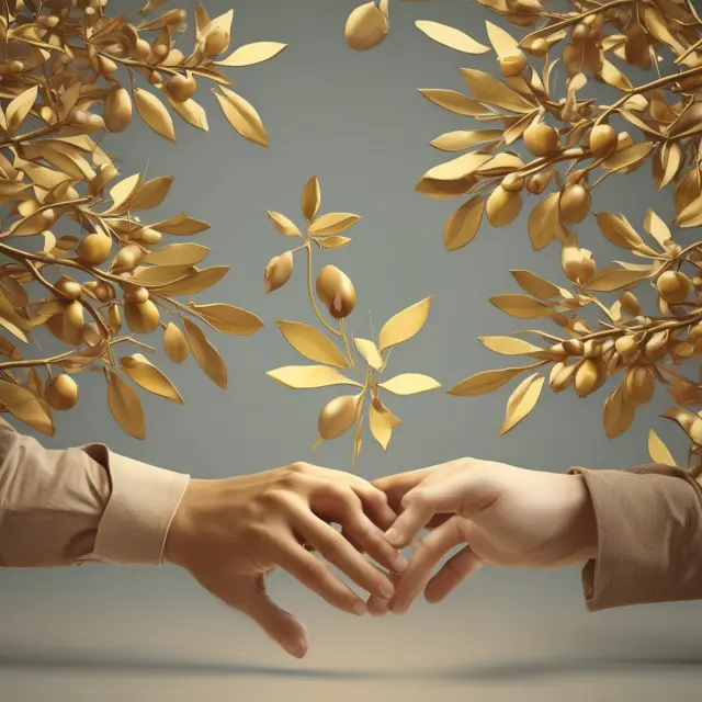 Two figures shaking hands under an olive tree, symbolizing FAQ section about sales and purchase agreements.