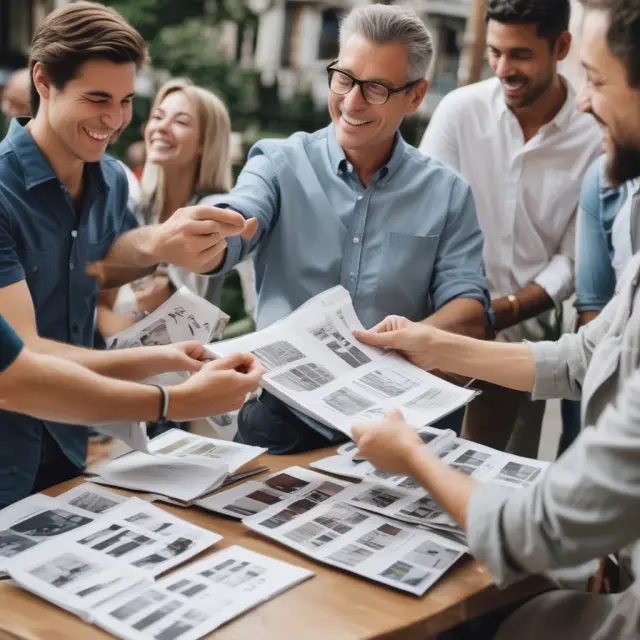 Seller with catalog in a busy marketplace, interacting with potential buyers