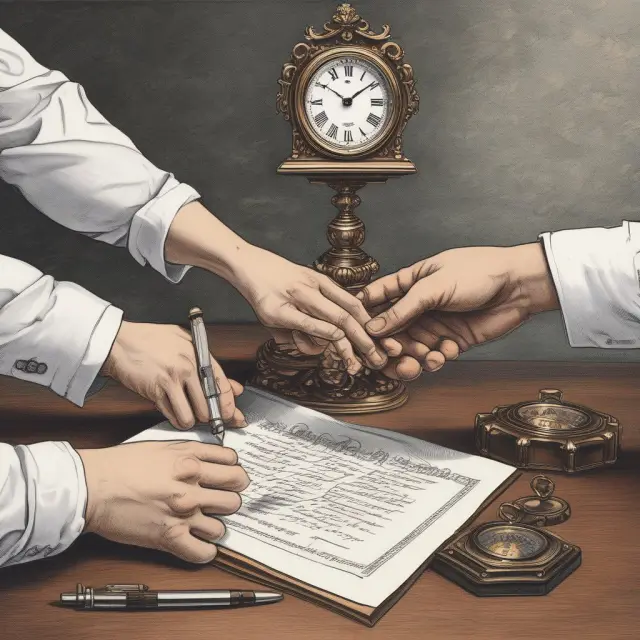 Two hands shaking on a contract as scales represent purchase price and clock gears symbolize payment schedule in an SPA negotiation scene