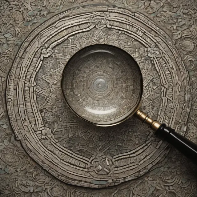 A magnifying glass intently examining a colorful and detailed mosaic, symbolizing the meticulous process of conducting due diligence.