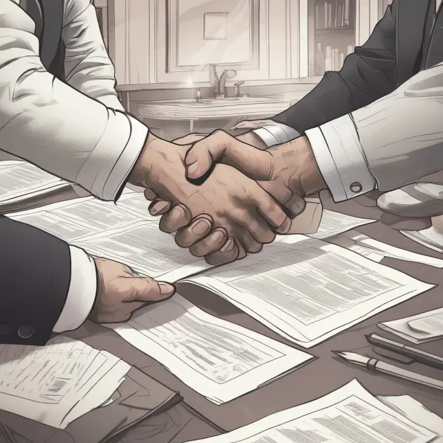 Buyer and seller hands shaking on a contract, with intertwined Sales and Purchase Agreements