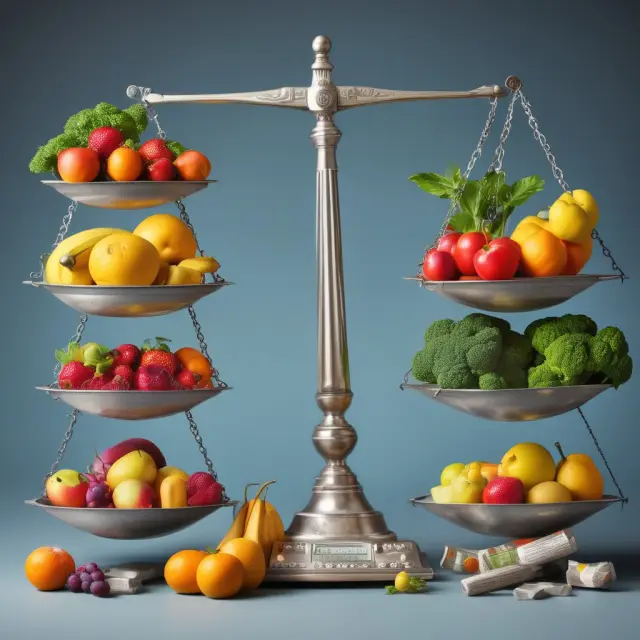 A balanced scale tips with a fruit, vegetable, prescription pill bottle, and machinery piece, symbolizing common sales tax exemptions