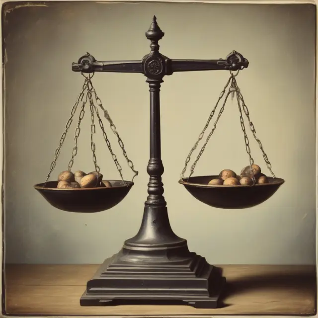 An ancient balance scale holds an asset in one pan, while the other pan contains the estimated salvage value