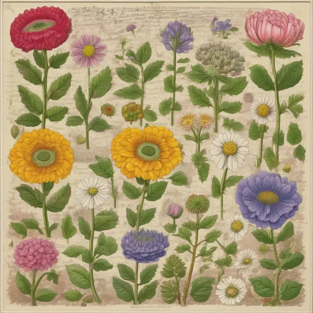 A vibrant garden with five distinct flowers representing simple random sampling, stratified random sampling, cluster sampling, systematic sampling, and multi-stage sampling blooming within.