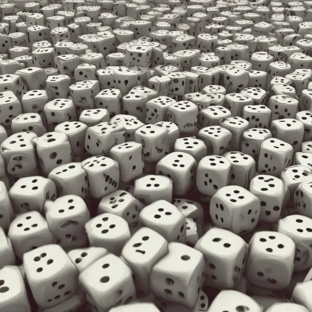 A pile of dice tumbling in a sea of dots, representing random sampling and its impact on auditing, finance, marketing, and statistics