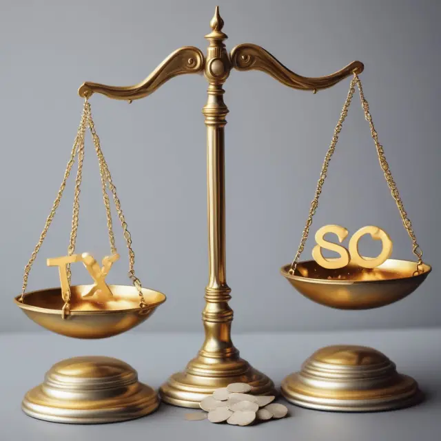 Golden SARs on one side and silver ESOs on the other, with a scale representing their different tax implications.