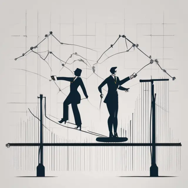 Employee and employer on a seesaw with a graph depicting rising corporation stock prices