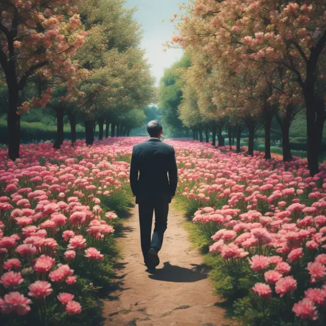 An institutional investor exploring a beautiful garden filled with vibrant SAR flowers, representing various growing companies offering stock appreciation rights.