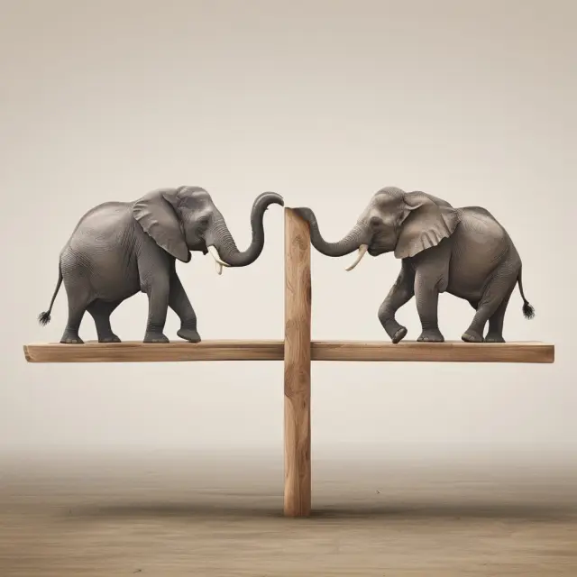 Elephants and bulls balance on a financial seesaw representing stock appreciation rights (SARs) and employee stock options (ESOs).