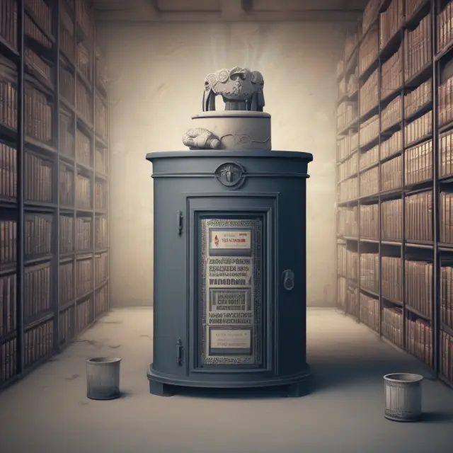 A digital time capsule with electronic records safeguarded by a fortress guardian, symbolizing Section 802