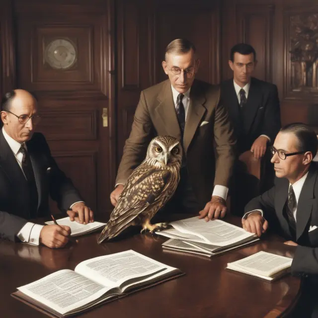 Golden owl overseeing executives as they certify financial reports according to the Sarbanes-Oxley Act