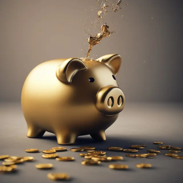 Golden piggy bank pouring money into a savings account, symbolizing the growth and safety of funds