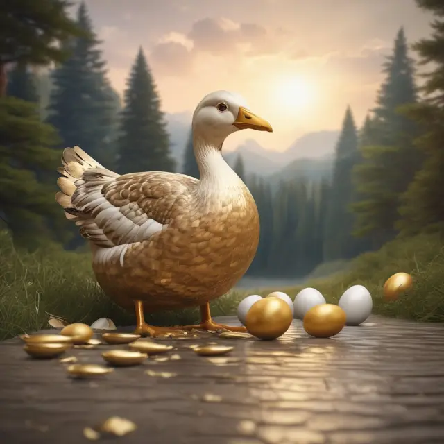 Golden goose lays eggs of different sizes representing diverse savings account rates. A wanderer gathers them with a basket to symbolize researching and comparing for financial growth