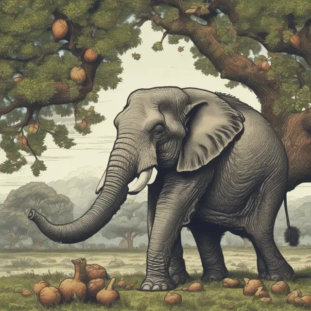 Elephant collecting acorns beneath a blooming tree, symbolizing saving money and growing returns.