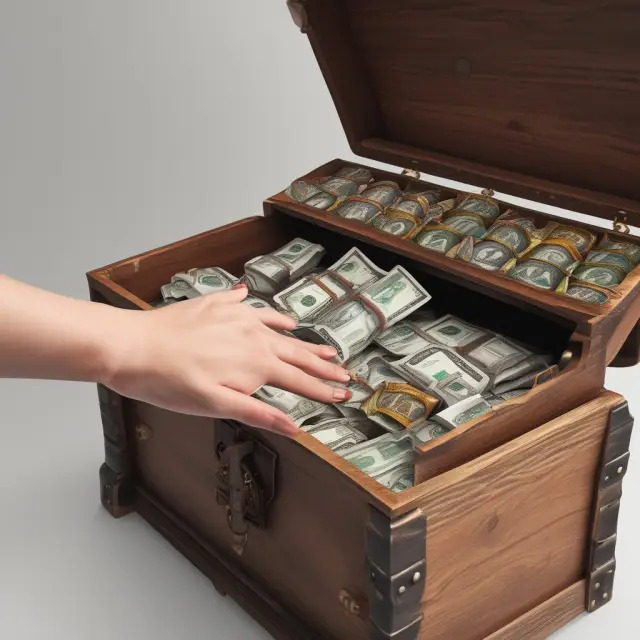 Hand reaching into a treasure chest containing deposit and withdrawal options, representing savings account management
