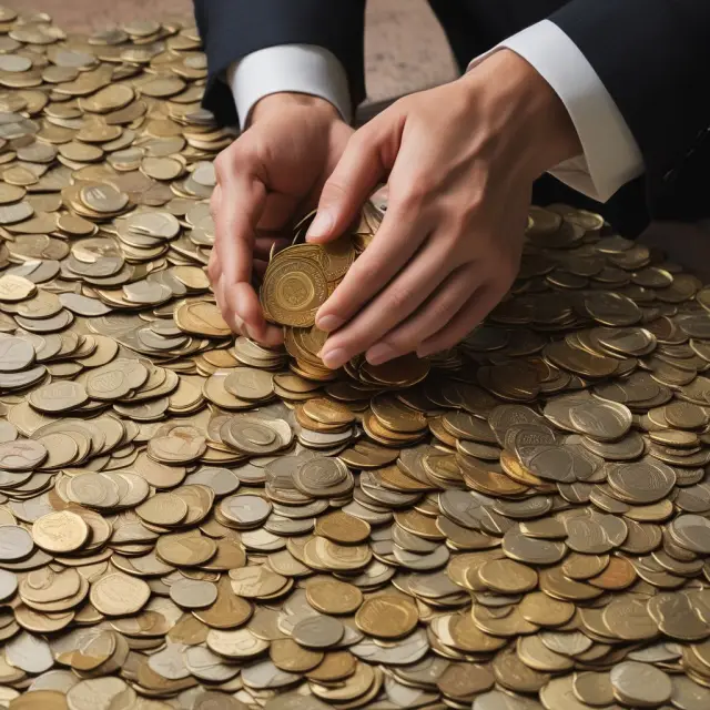 An IRS agent meticulously sorts through a pile of golden coins representing savings account interest earnings, emphasizing the tax implications