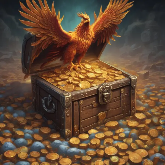 A phoenix guards a treasure chest filled with gold coins labeled for businesses and organizations, symbolizing savings accounts as a safe and valuable tool for companies