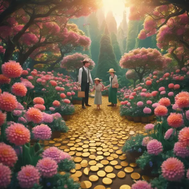 A flourishing garden symbolizes economic growth and prosperity, with golden coins representing production-driven demand.