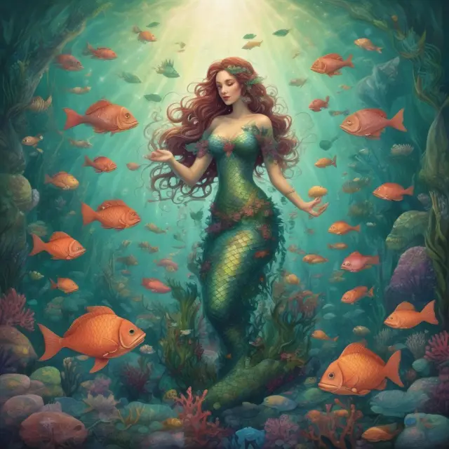 A mermaid nurturing a lush seaweed forest from her scales, representing the growth of a business through scalability and economies of scale