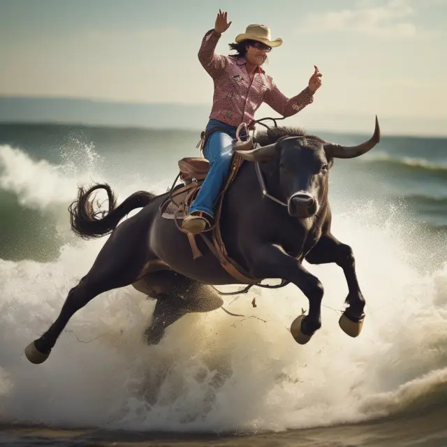 Bull riding a cresting economic wave, symbolizing scalable business growth, with metrics such as revenue growth rate and operating margin indicated.