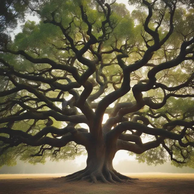 Three intertwined trees representing financing, partnerships, and organizational development nurturing the growth of a strong oak tree