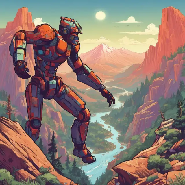 An image depicting three giant business figures scaling a mountain, each one leveraging technology to overcome economic challenges and achieve growth.