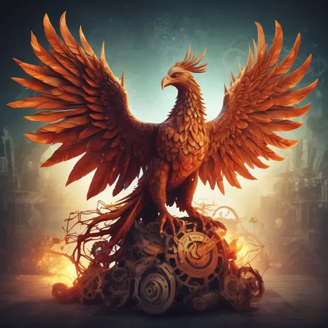 Phoenix emerging from data and gears, symbolizing successful business scalability with automation and artificial intelligence