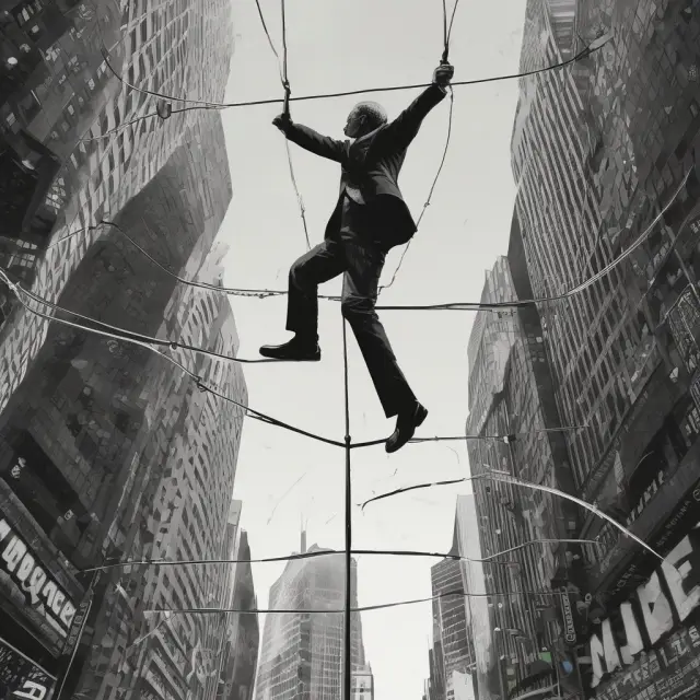 High-wire walker focusing on multiple stock tickers symbolizing quick decision-making in scalping