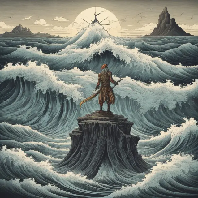 Trader with a compass amidst a stormy financial sea, symbolizing the importance of emotional control in scalping