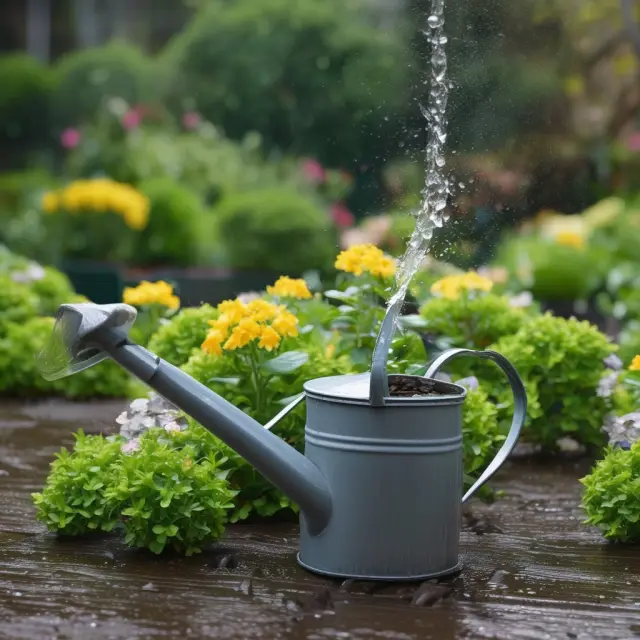 A garden with limited water from a single can, flourishing with innovative solutions represented by blooming flowers.