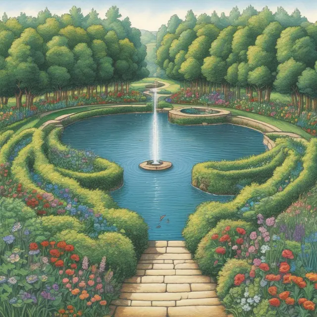 An artist tends to a garden filled with abundant water, symbolizing intellectual property and easily reproduced goods, while considering the potential indirect costs of their creation.