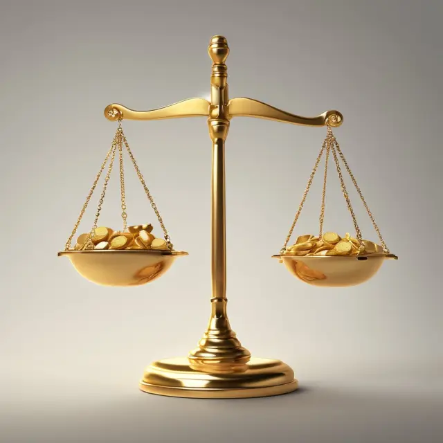 Golden scales representing scarcity in economics, with resources like water and food flowing.