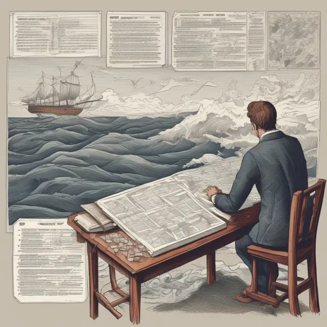 A person intently analyzing a table of potential financial scenarios, with the representation of risks as stormy seas or hurdles to be overcome