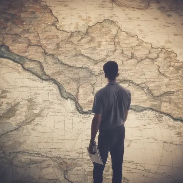 Analyst examines various potential financial outcomes, illustrated as distinct landscapes on a detailed map