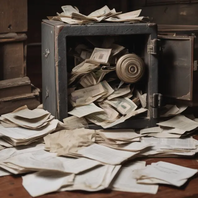 An old safe filled with various documents representing tax-deductible expenses, bursting open to reveal potential savings in the form of a treasure trove.