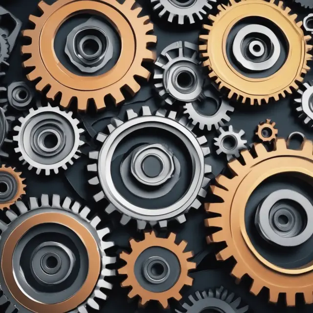A complex network of interconnected cogs turning in harmony represents the various stages and processes involved in Supply Chain Management (SCM)