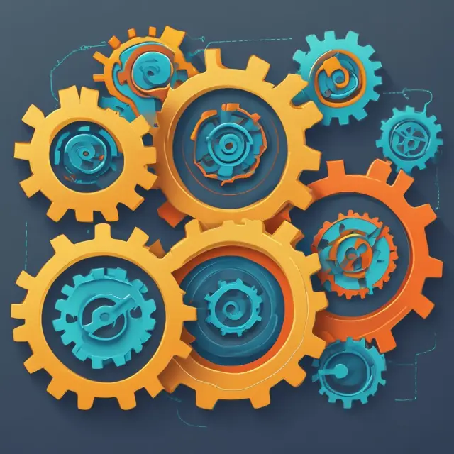 Five gears symbolizing planning, sourcing, manufacturing, delivering, and returns in supply chain management