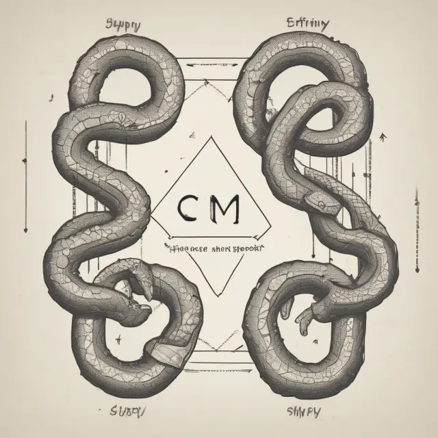 Two serpents symbolizing supply chain and SCM intertwining, representing their collaboration to optimize the flow of goods and information in a business context