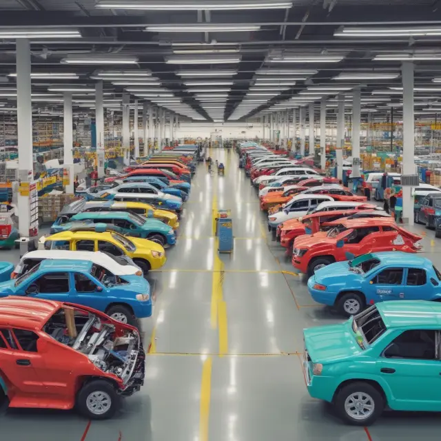 A lean factory producing Toyota cars flowing seamlessly towards a Walmart store, illustrating efficient supply chain management.