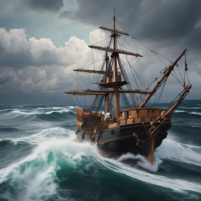 A ship sailing through rough seas with a captain holding a compass, symbolizing the importance of defining and maintaining project scope
