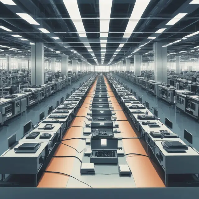 Factory producing laptops, tablets, and phones using shared resources, illustrating economies of scope