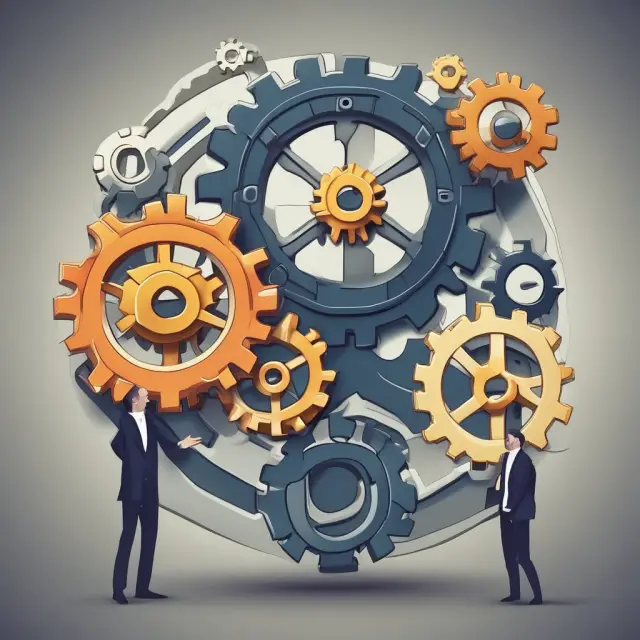 Project manager balances gears representing project tasks to manage scope effectively